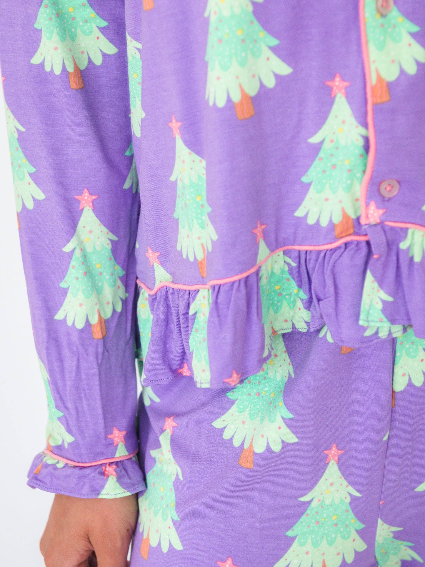 SoftSnooze™ Women's Bamboo Viscose Purple Twinkling Trees Long Sleeve Button Up Ruffle Flare Pajama Set