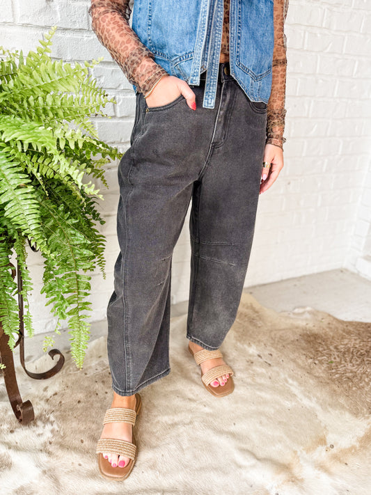 Black denim barrel jeans