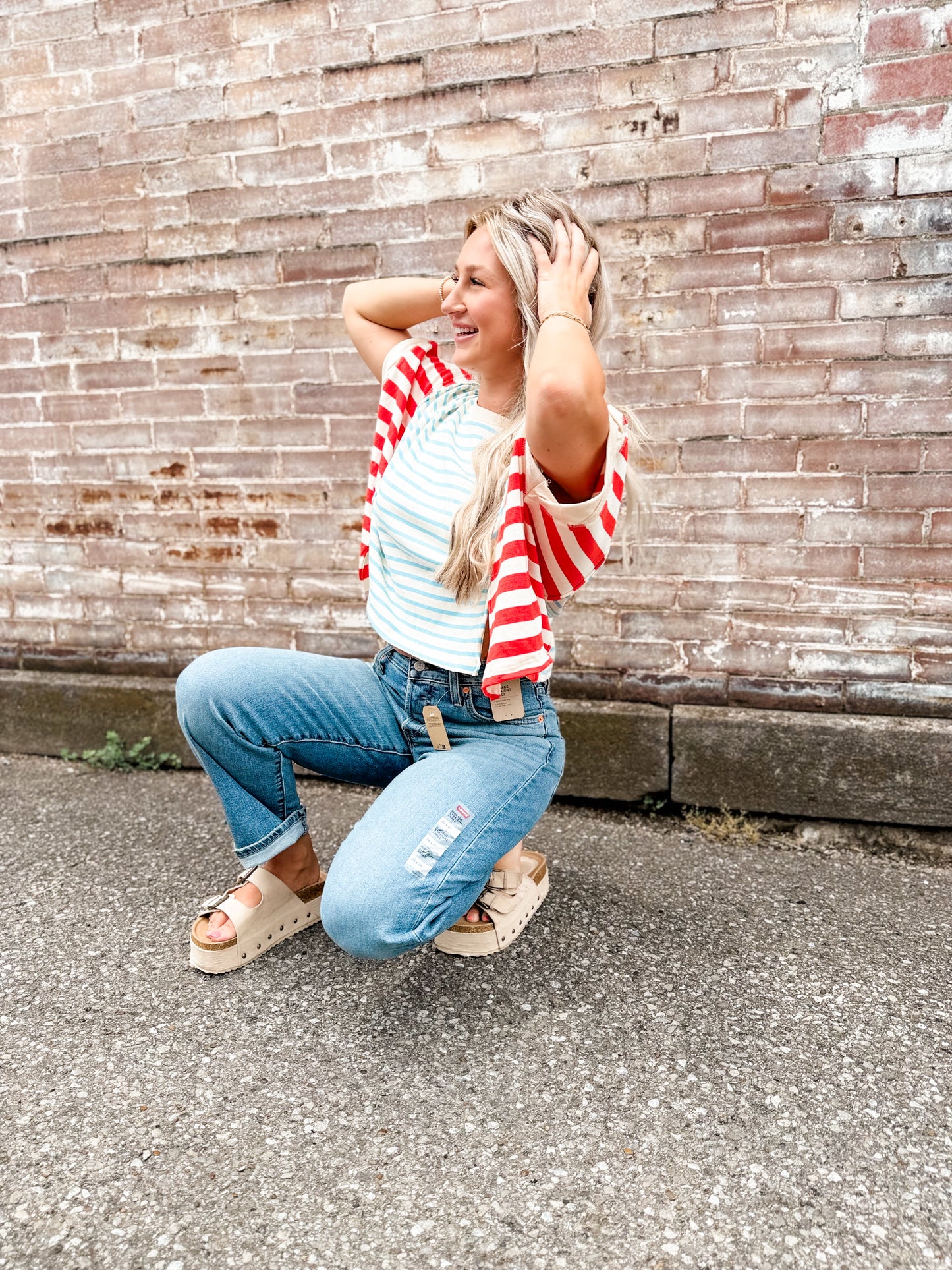 Lt blue/red/white stripe Oversize crop top