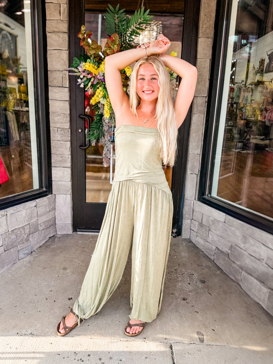 EE mineral wash strapless jumpsuit in olive