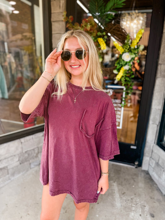 EAS short slv mineral washed faux pocket tee in eggplant