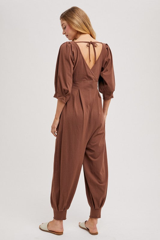 BI square neck pleated balloon sleeve open back baggy pants jumpsuit in mocha