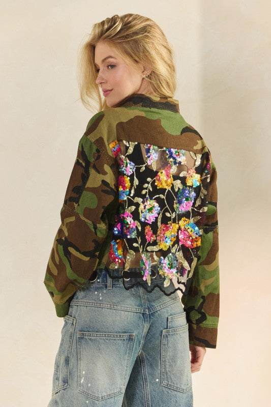 VEV Camo sequins cropped jacket