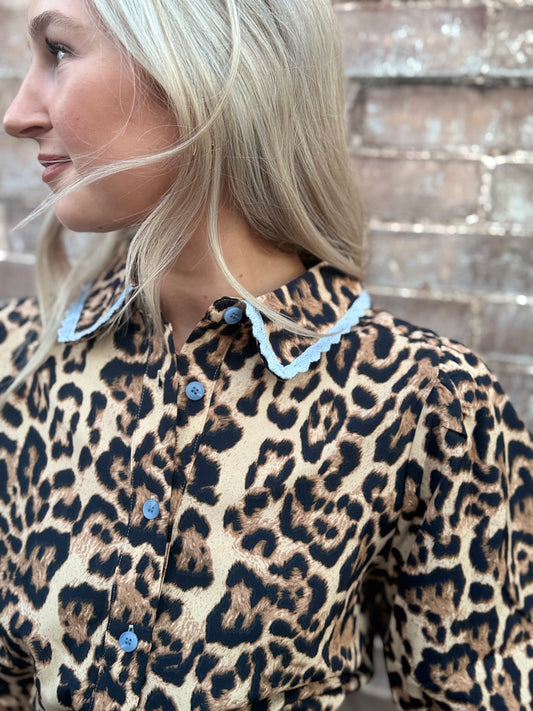 AW Leopard Romper w Blue Lace Trim