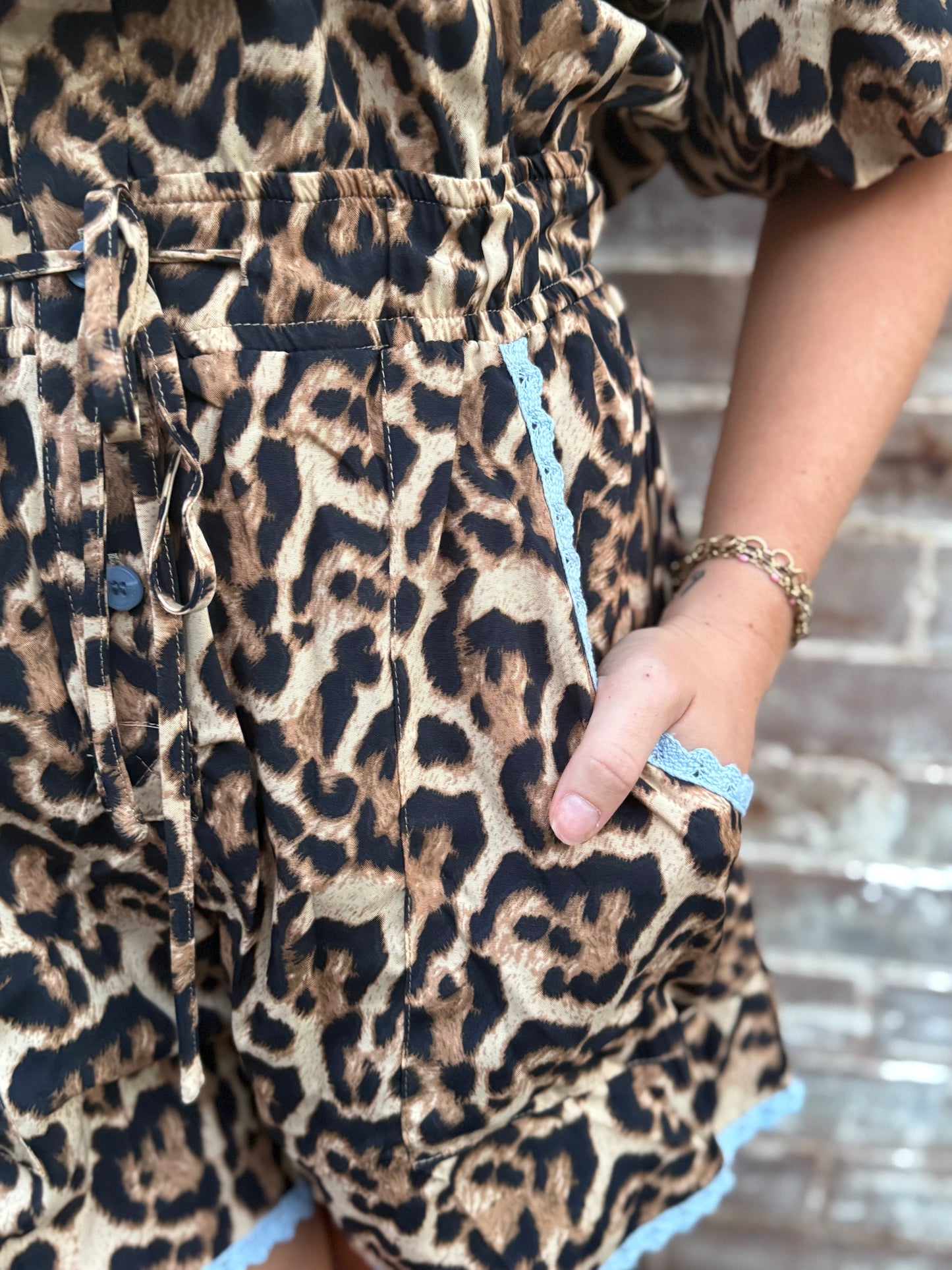 AW Leopard Romper w Blue Lace Trim