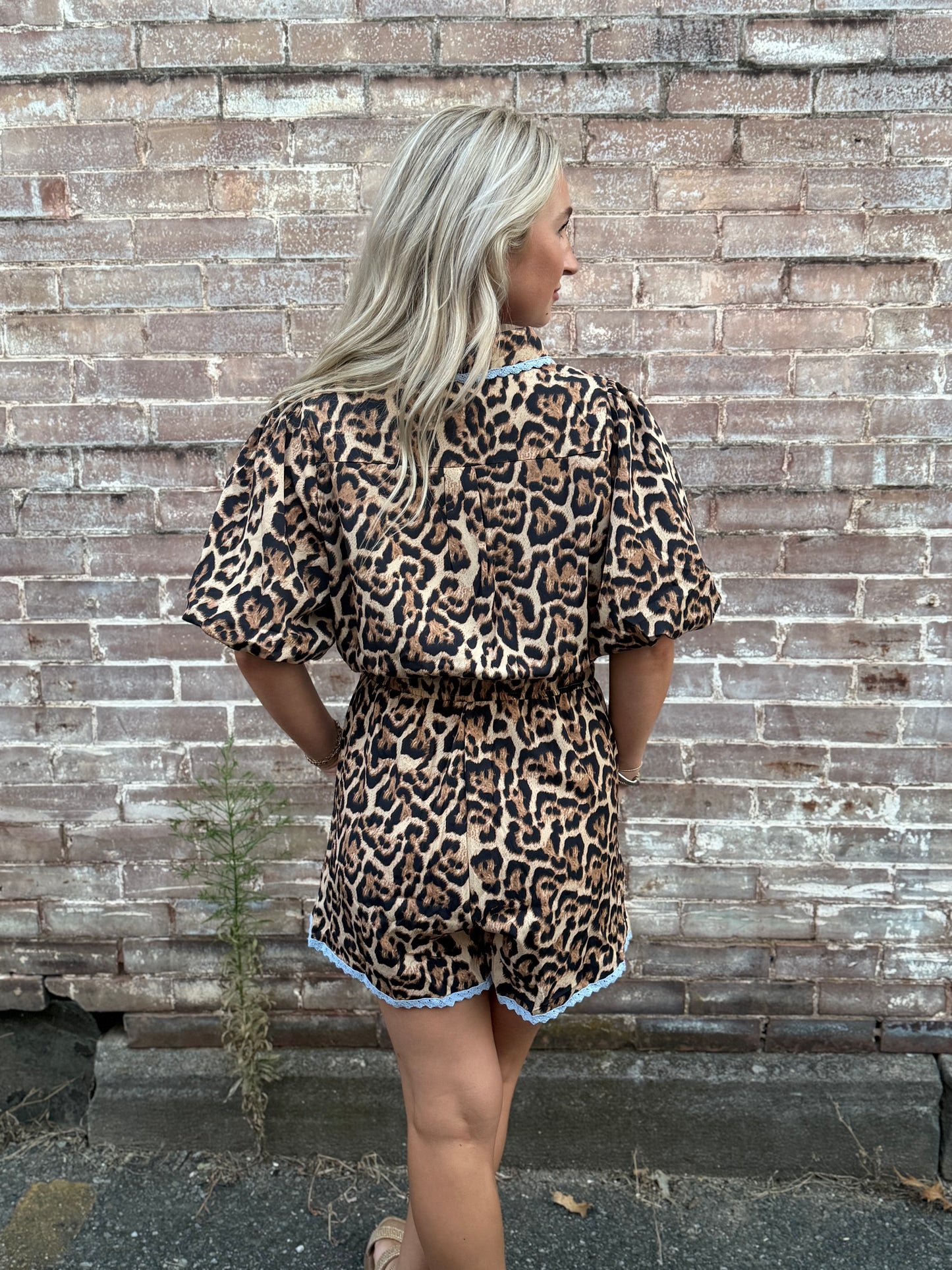 AW Leopard Romper w Blue Lace Trim