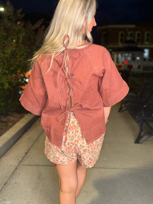 Brick denim tie back blouse