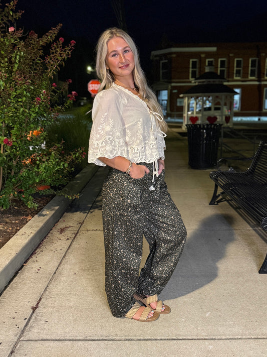 Ditsy print drawstring barrel leg loose pants