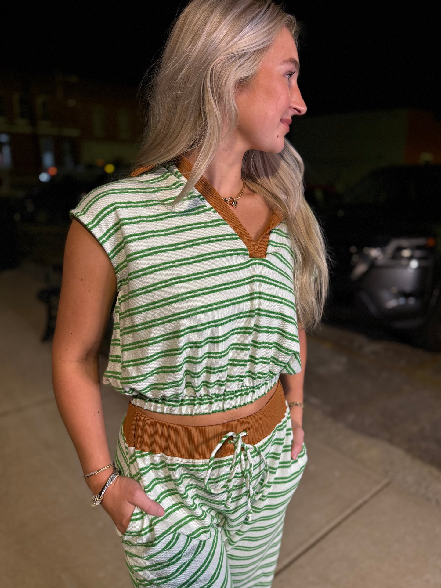 Stripe print collared green camel top