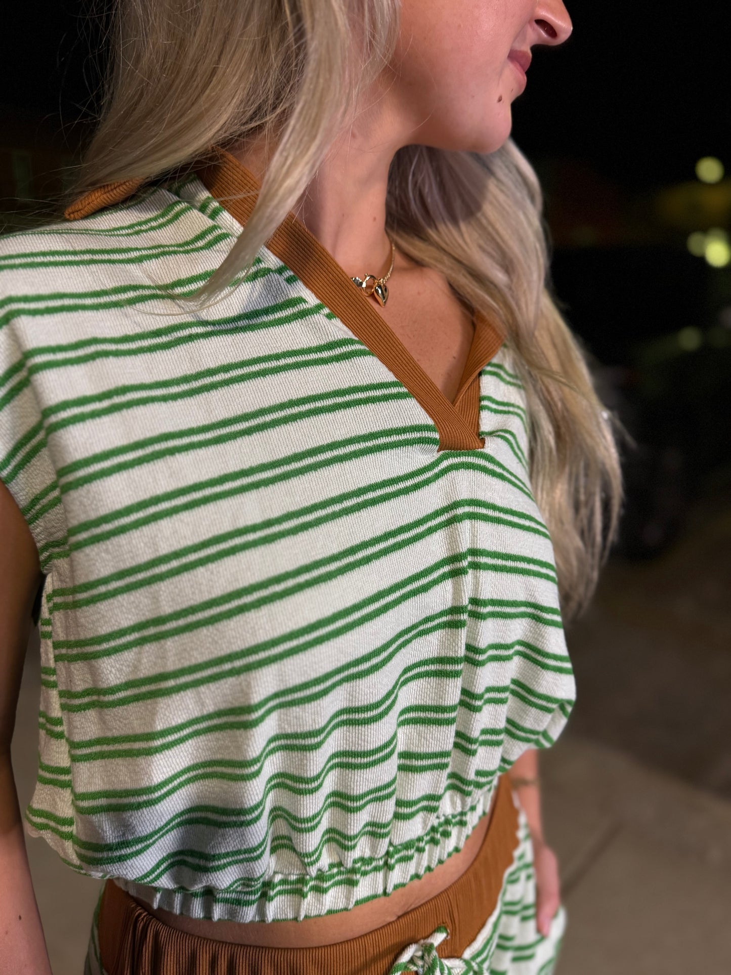 Stripe print collared green camel top