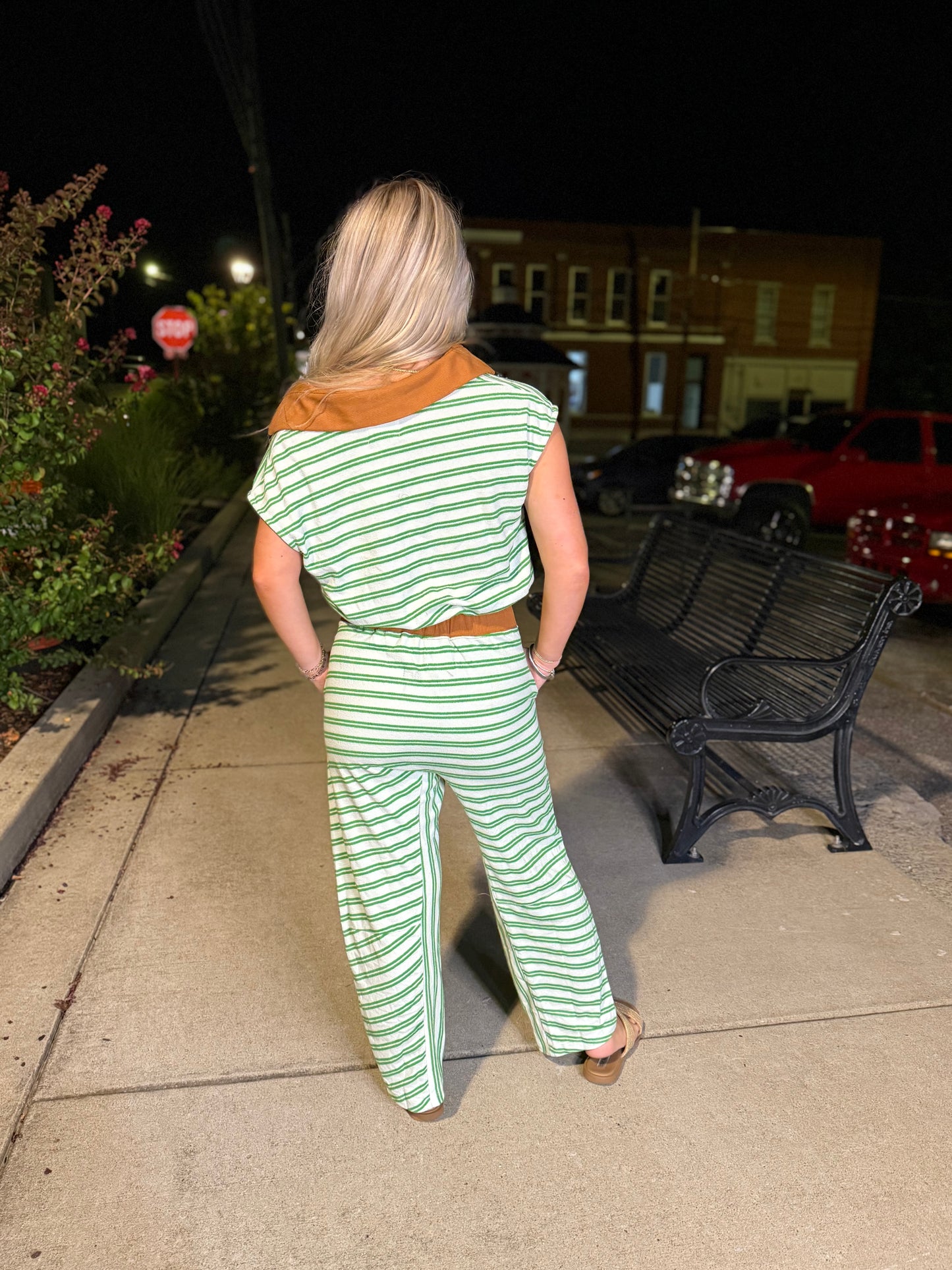 Stripe print collared green camel top