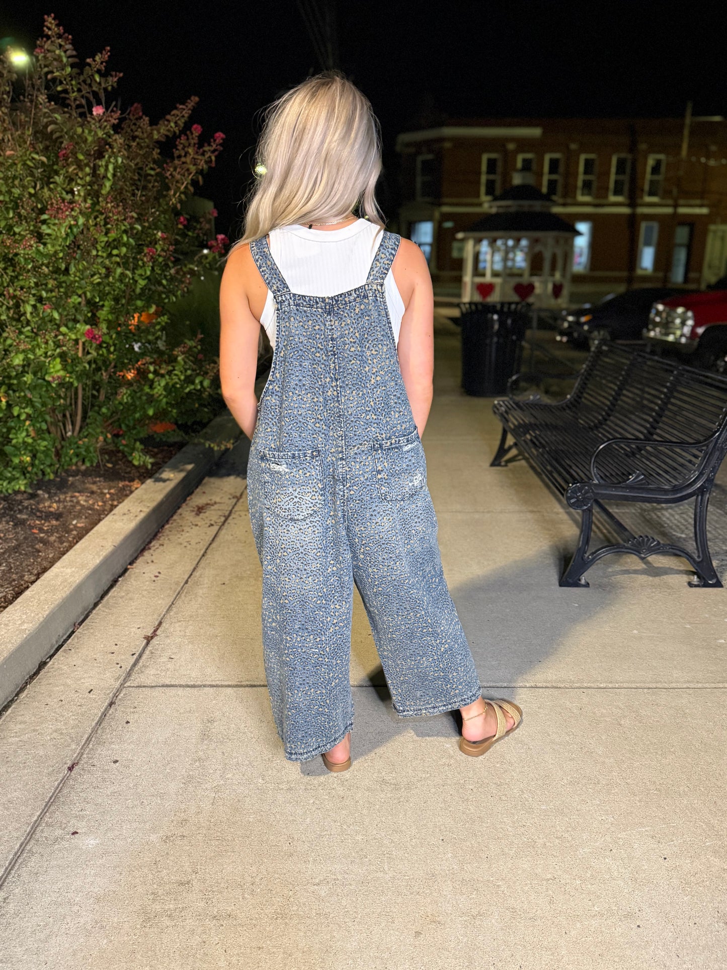Denim blue leopard print overalls