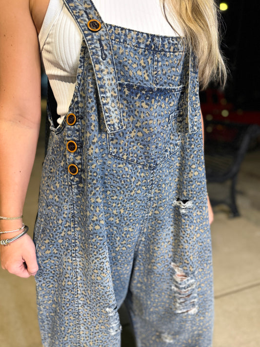 Denim blue leopard print overalls