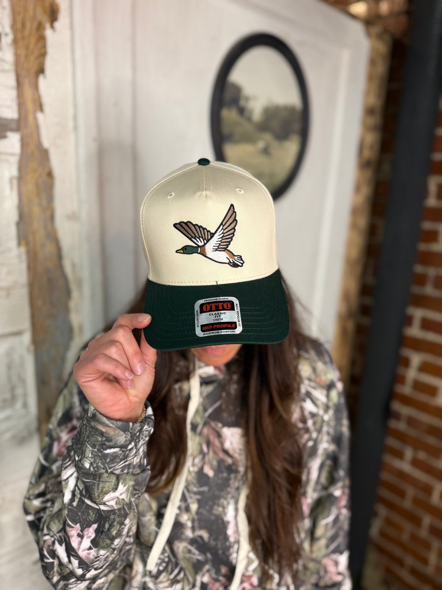 Cream + green mallard hat