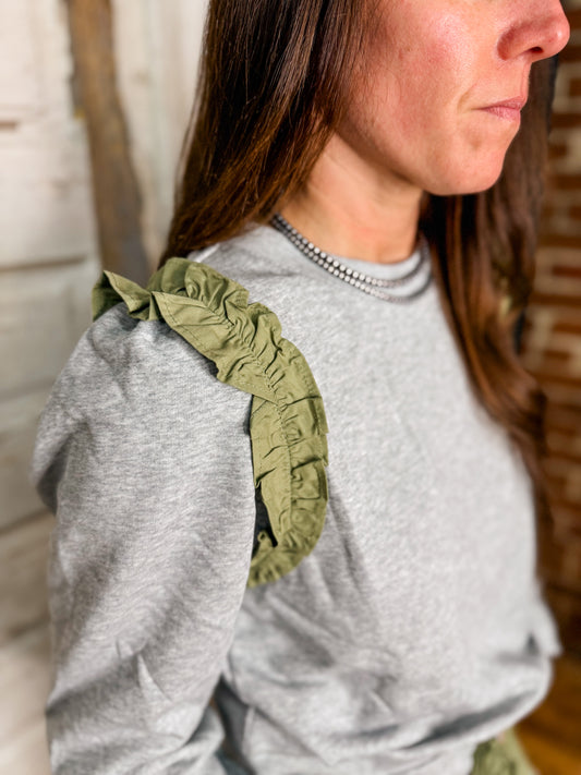 EE Ruffle Shoulder Pullover in Olive+ Gray