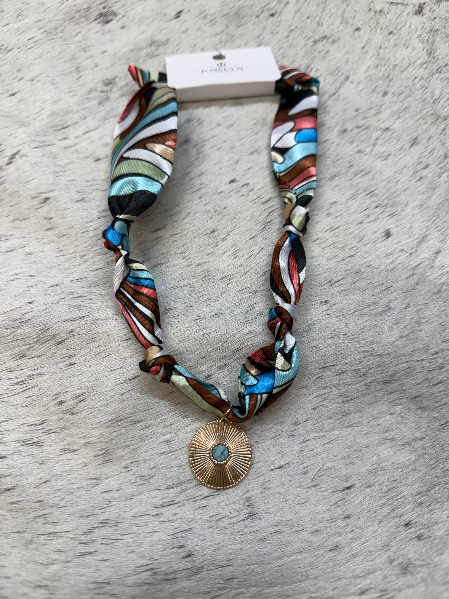 Multicolor scarf necklace with round turquoise charm