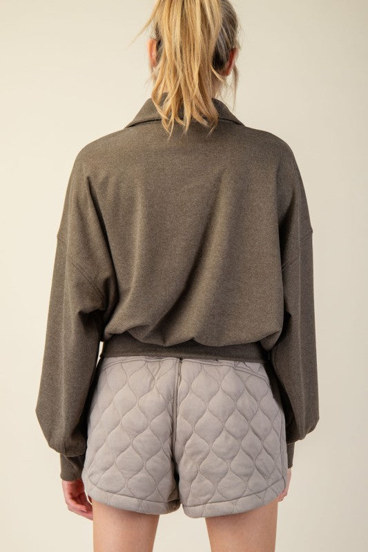 Curvy Rib Brushed Long Sleeve Quarter Zip Up