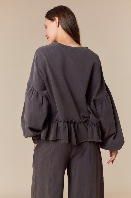 PL Washed Brown Ruffle Hem Crop Crew Neck