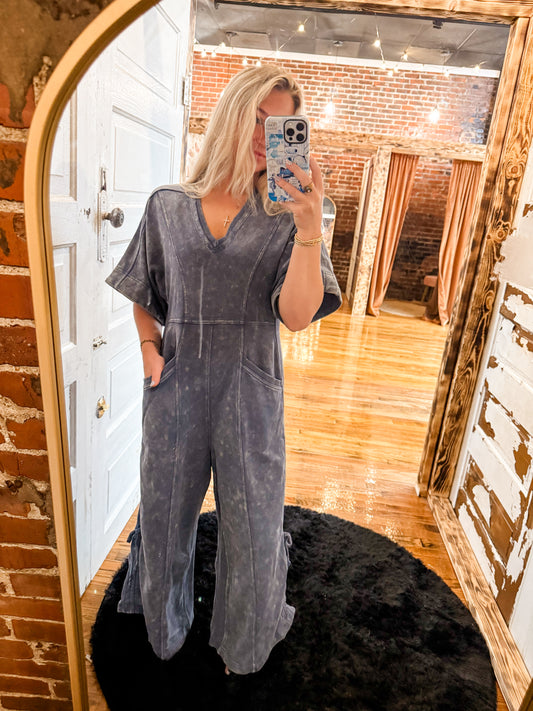 Short sleeve v neck jumpsuit in denim mineral wash