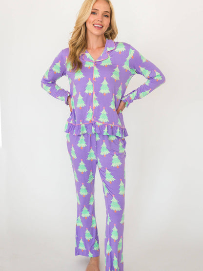 SoftSnooze™ Women's Bamboo Viscose Purple Twinkling Trees Long Sleeve Button Up Ruffle Flare Pajama Set