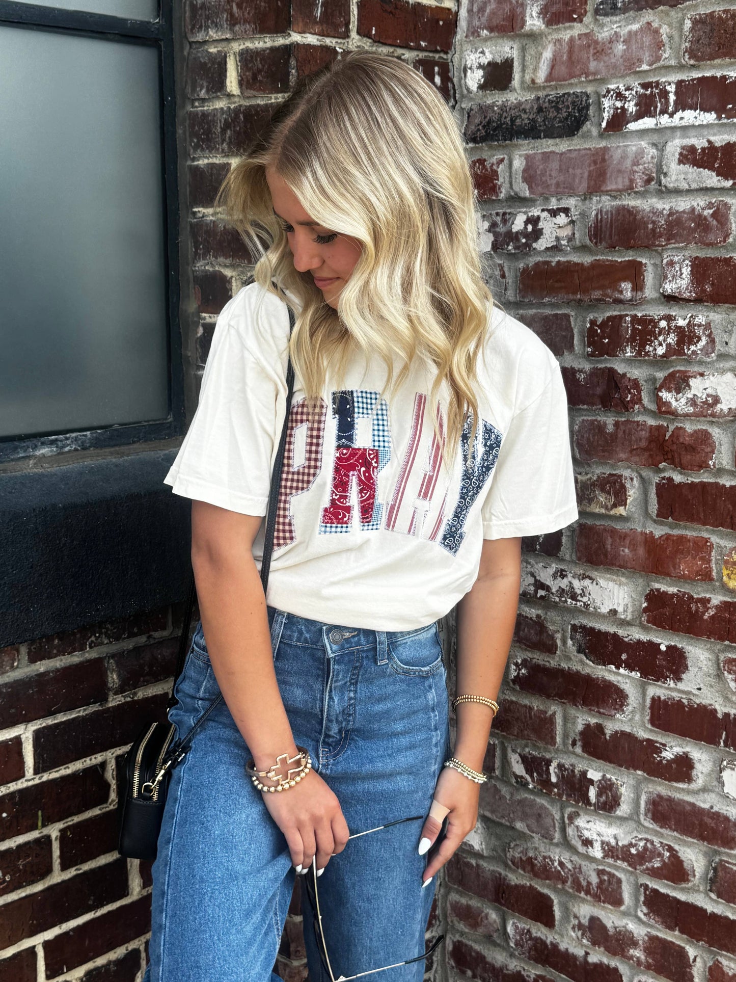 Cream PRAY Patchwork Short Sleeve Tee