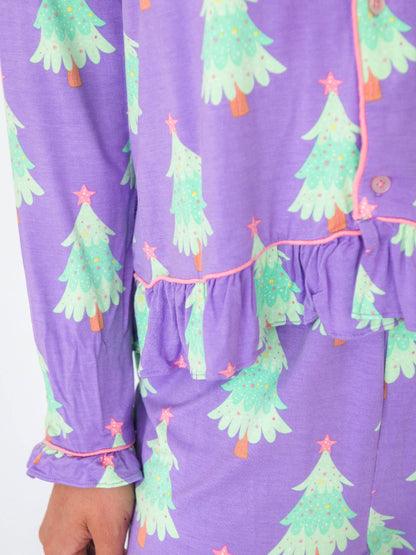SoftSnooze™ Women's Bamboo Viscose Purple Twinkling Trees Long Sleeve Button Up Ruffle Flare Pajama Set