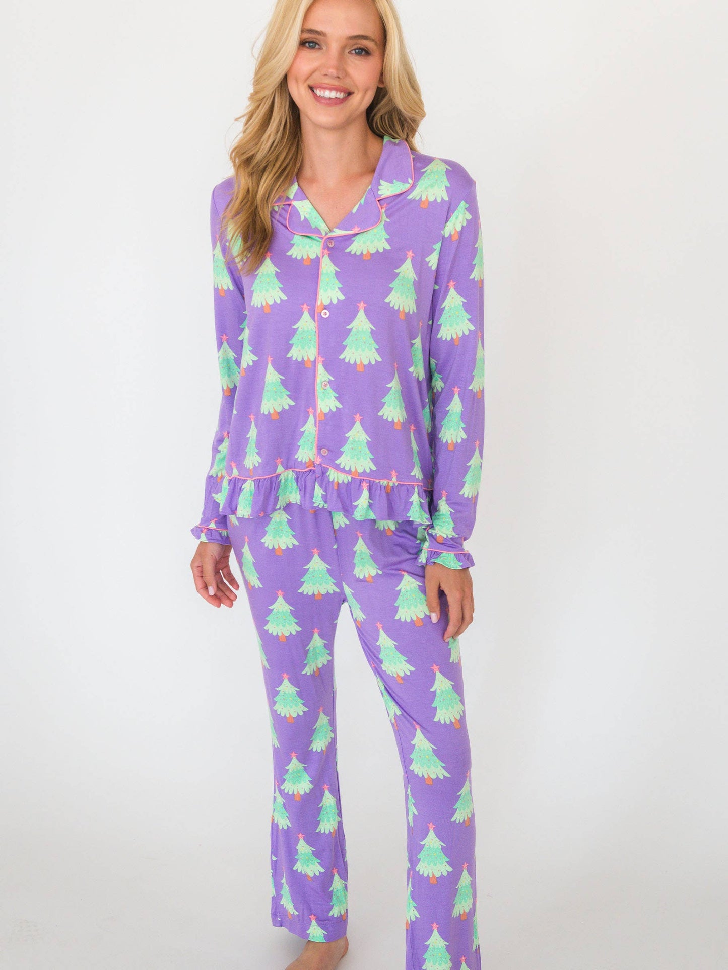 SoftSnooze™ Women's Bamboo Viscose Purple Twinkling Trees Long Sleeve Button Up Ruffle Flare Pajama Set