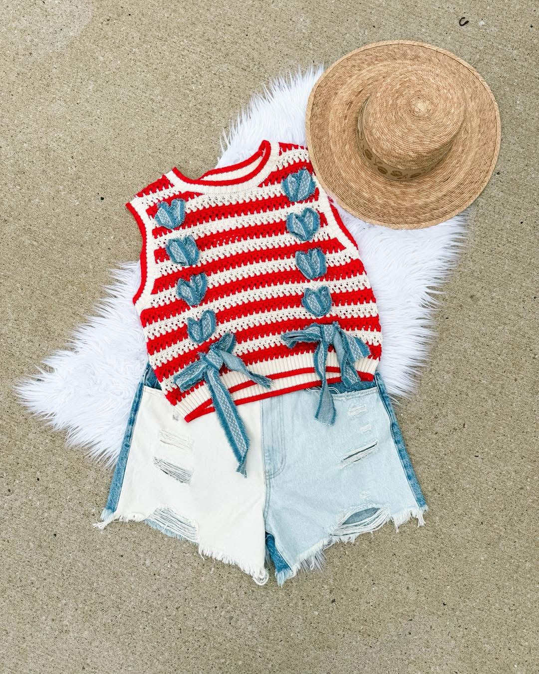 Red stripe sweater tank w denim ties