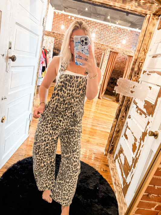 leopard print barrel leg overalls