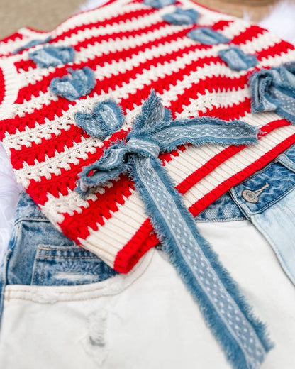 Red stripe sweater tank w denim ties