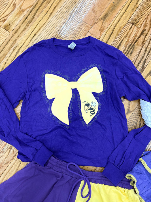 Purple/Gold bow school spirit shirt long sleeves