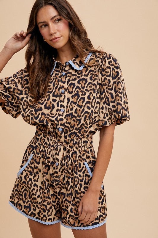 AW Leopard Romper w Blue Lace Trim