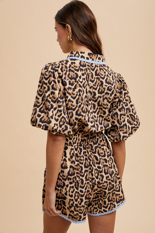 AW Leopard Romper w Blue Lace Trim