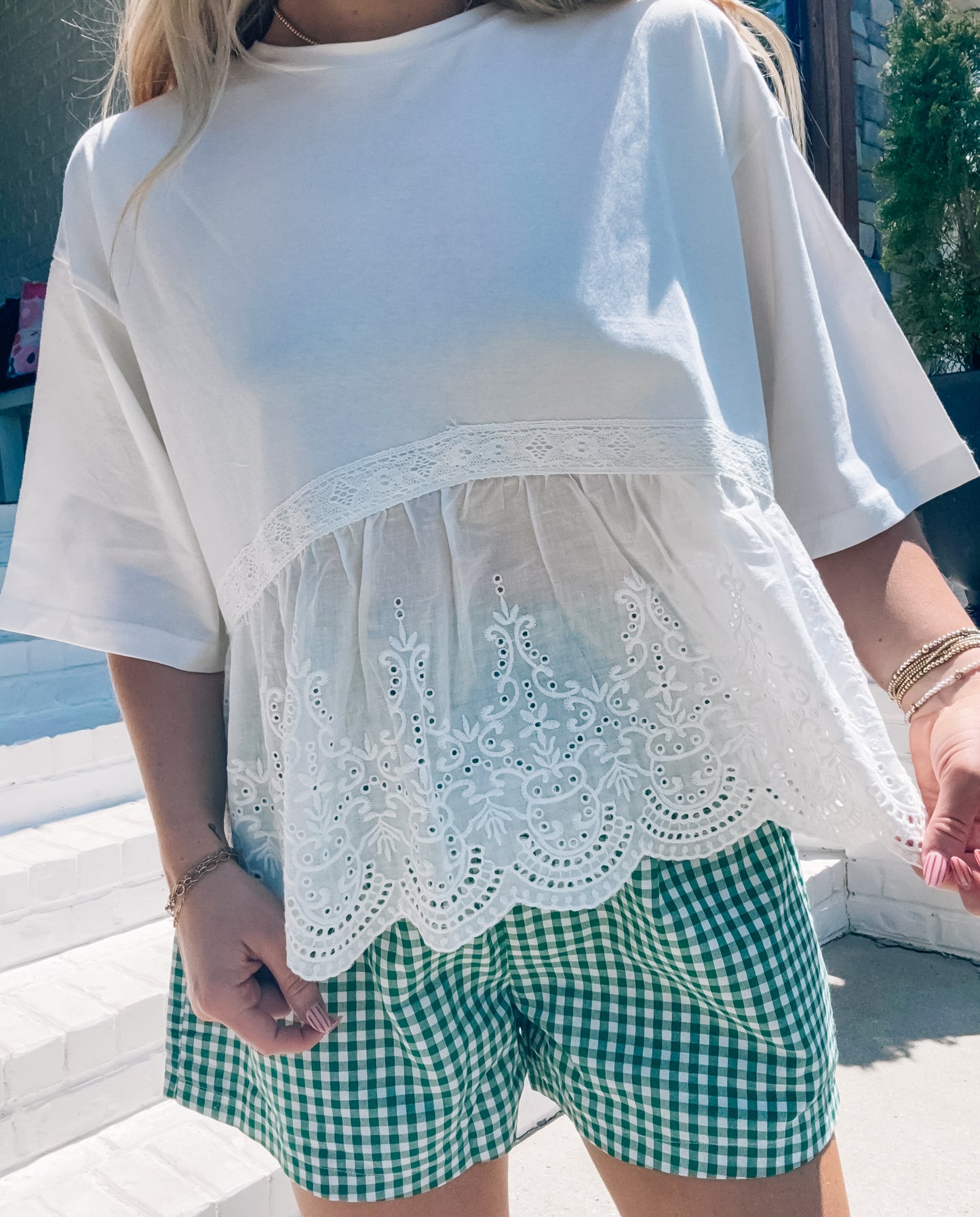 Mixed Media Scallop Lace Babydoll Top