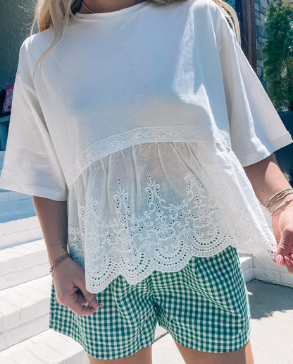 Mixed Media Scallop Lace Babydoll Top