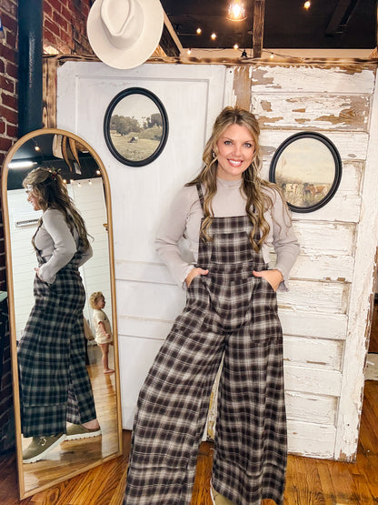 Plaid Flannel Wide-Leg Overalls