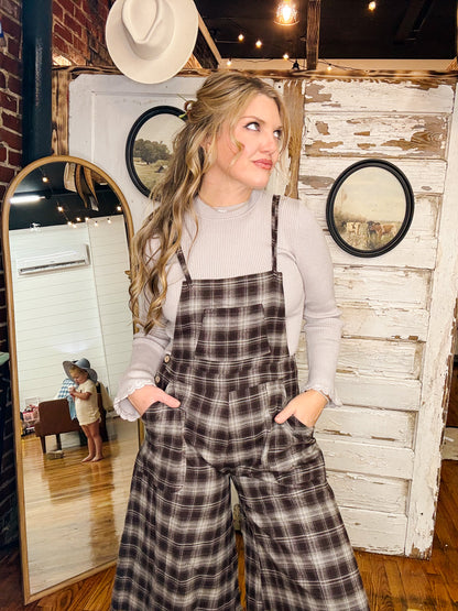 Plaid Flannel Wide-Leg Overalls
