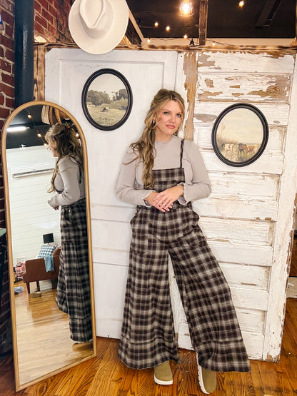 Plaid Flannel Wide-Leg Overalls