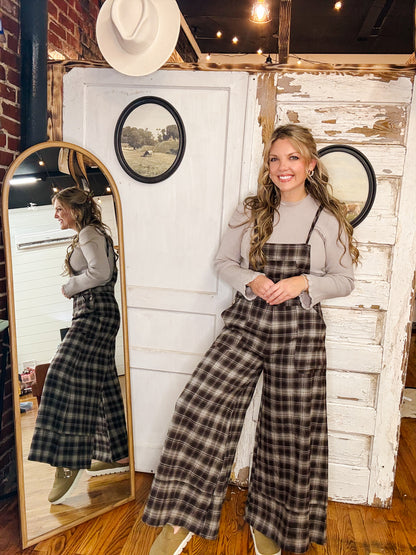 Plaid Flannel Wide-Leg Overalls