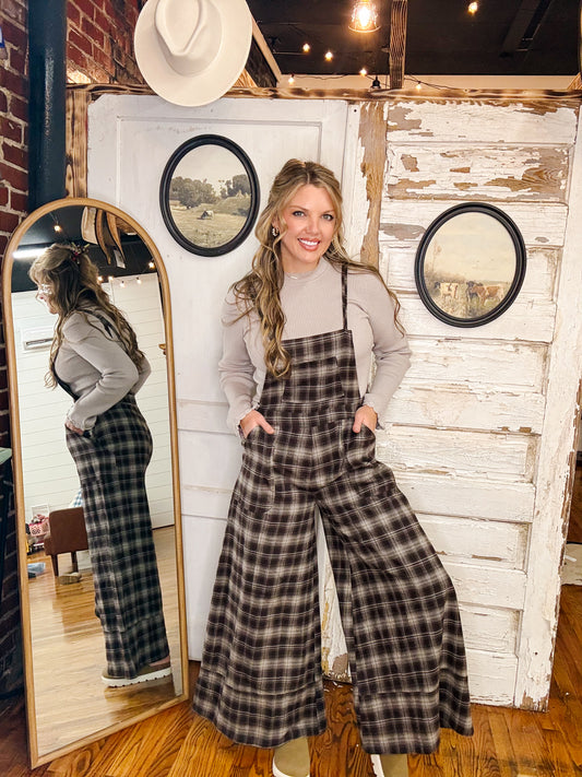Plaid Flannel Wide-Leg Overalls