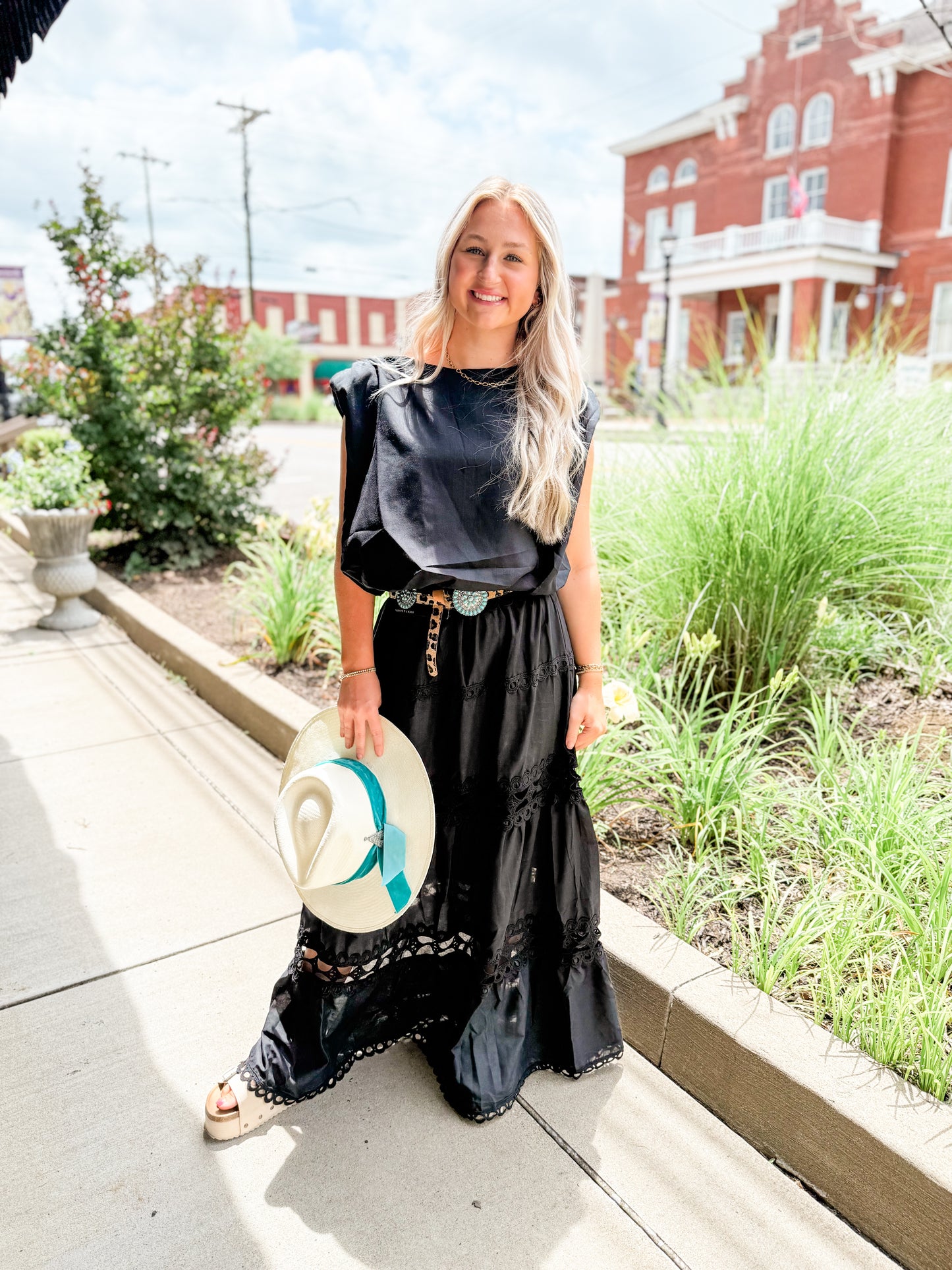 Black sleeveless crop bubble top and lace trim maxi skirt set