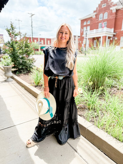Black sleeveless crop bubble top and lace trim maxi skirt set