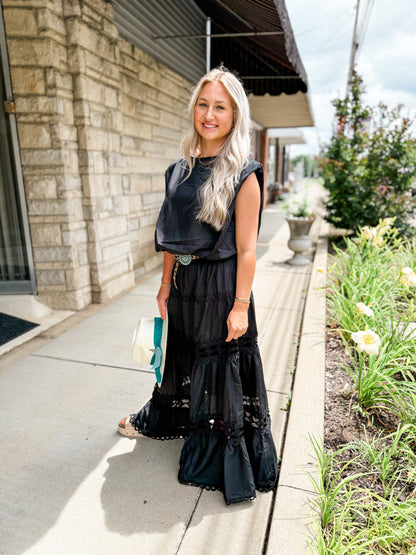 Black sleeveless crop bubble top and lace trim maxi skirt set