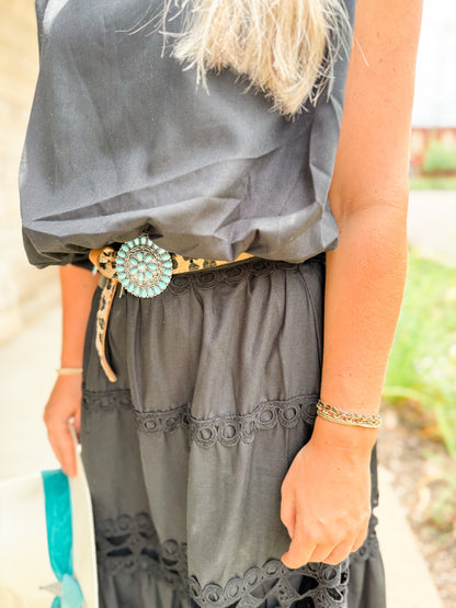 Black sleeveless crop bubble top and lace trim maxi skirt set