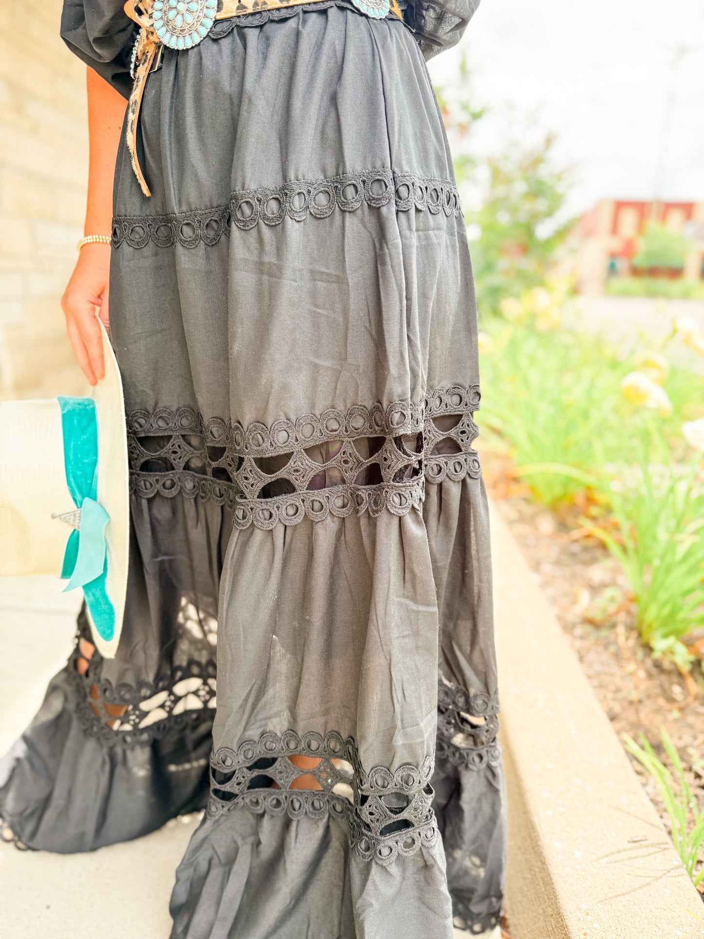 Black sleeveless crop bubble top and lace trim maxi skirt set