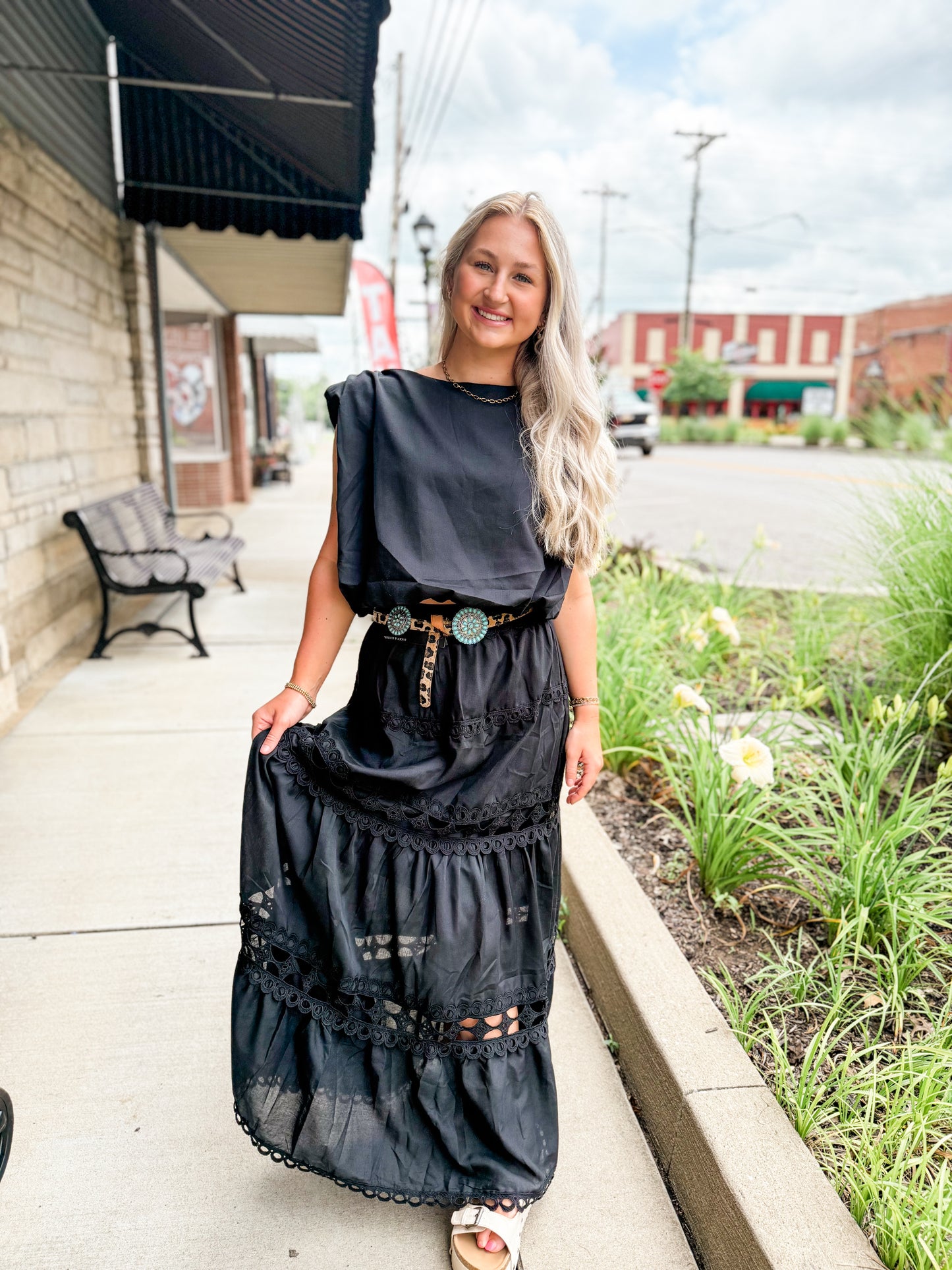 Black sleeveless crop bubble top and lace trim maxi skirt set