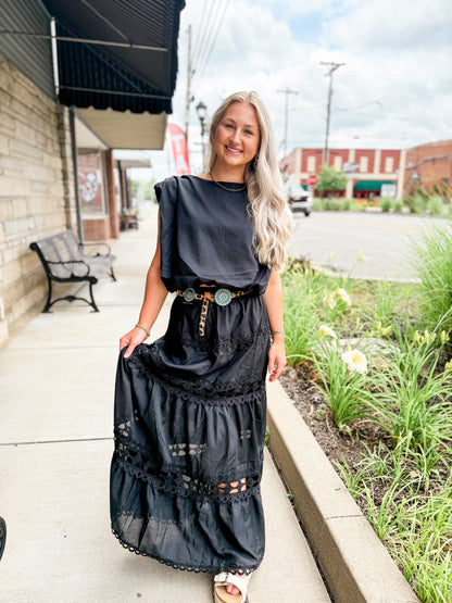 Black sleeveless crop bubble top and lace trim maxi skirt set
