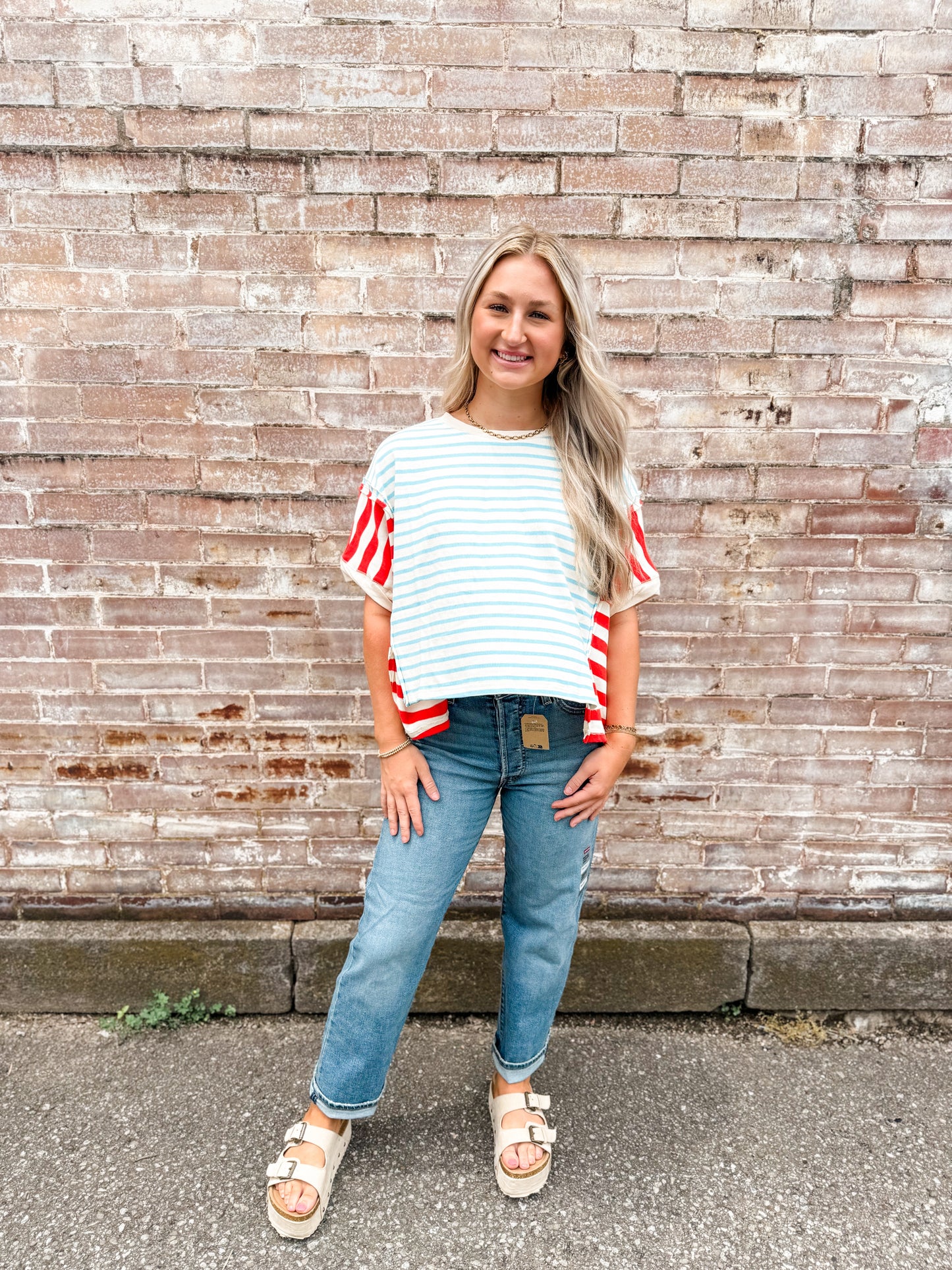 Lt blue/red/white stripe Oversize crop top