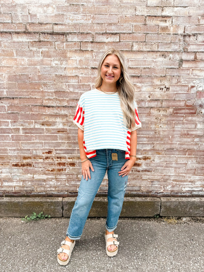 Lt blue/red/white stripe Oversize crop top