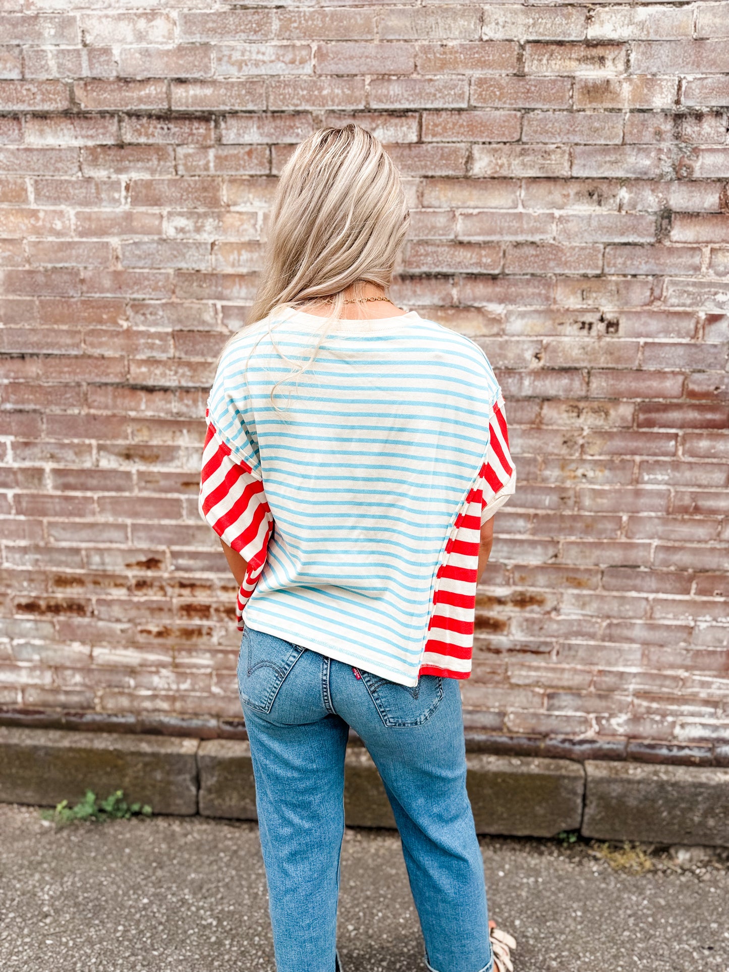 Lt blue/red/white stripe Oversize crop top
